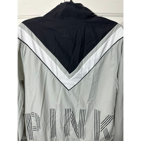 PINK Victoria's Secret Black Logo Zip Windbreaker Jacket Black White Gray XS - Picture 5 of 16